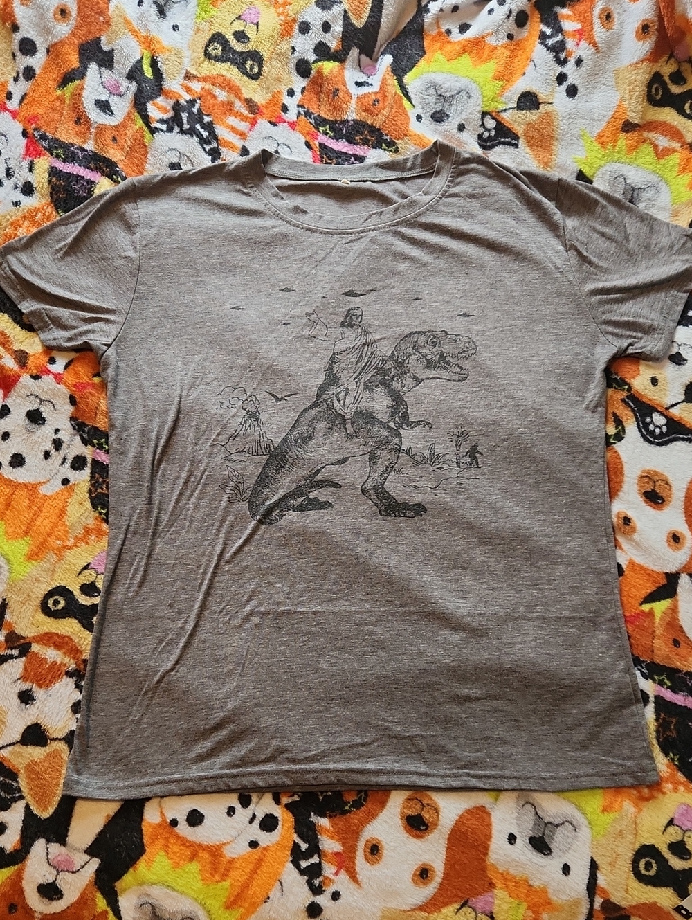 Grey Jesus Riding A Dinosaur Graphic Tee - Unbranded